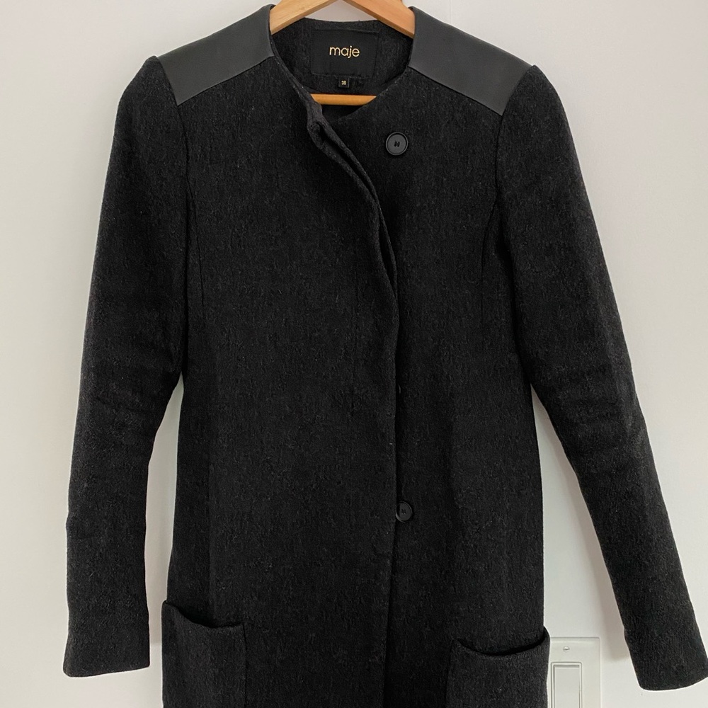 MAJE Dark Grey Wool Coat with Leather Size 36 US 4